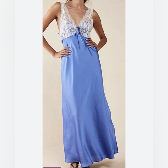 Free People X Revolve Countryside Blue Lace Maxi Slip Dress Sleep Sexy Lingerie - Picture 2 of 4